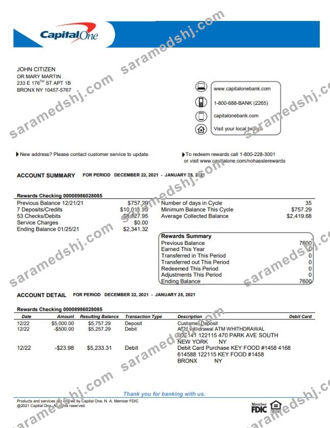 USA Capital One bank statement template in Word and PDF format, version 4